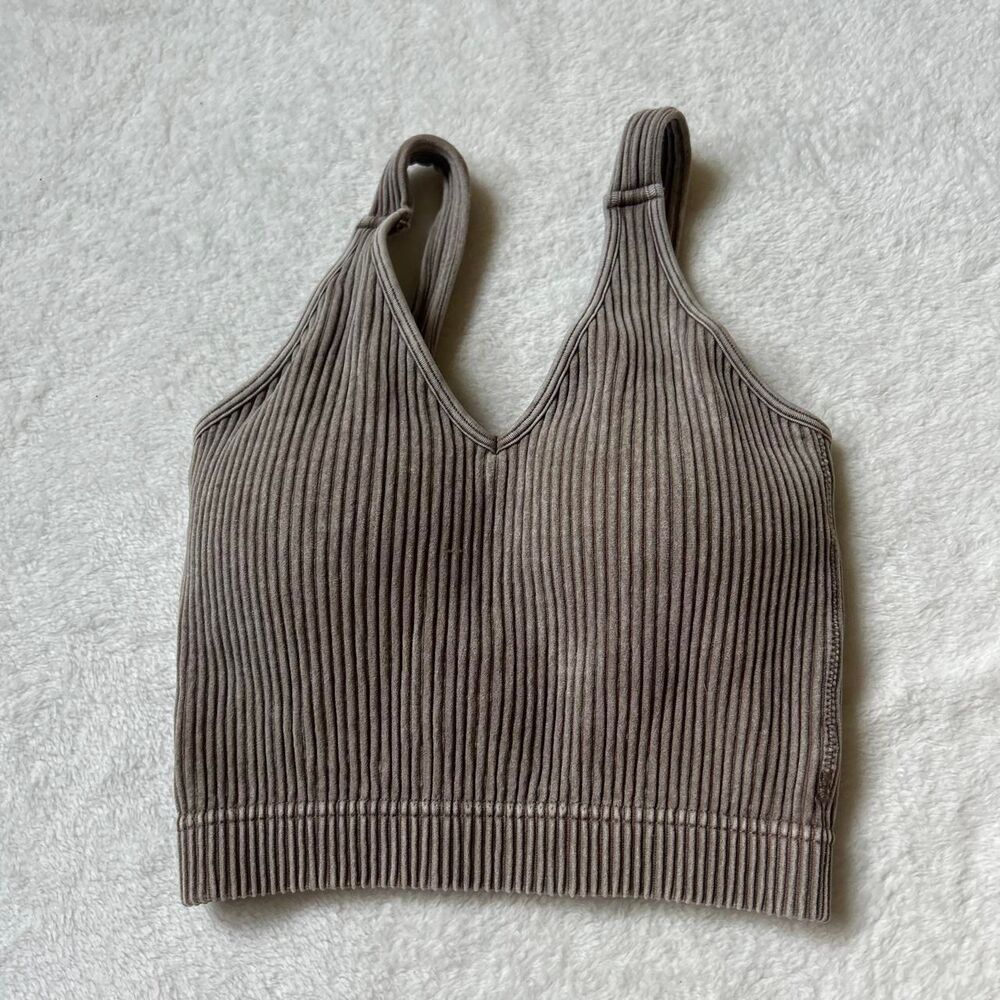 Zenana mineral washed Brown ribbed croptop shelf bra removable padding women s/m